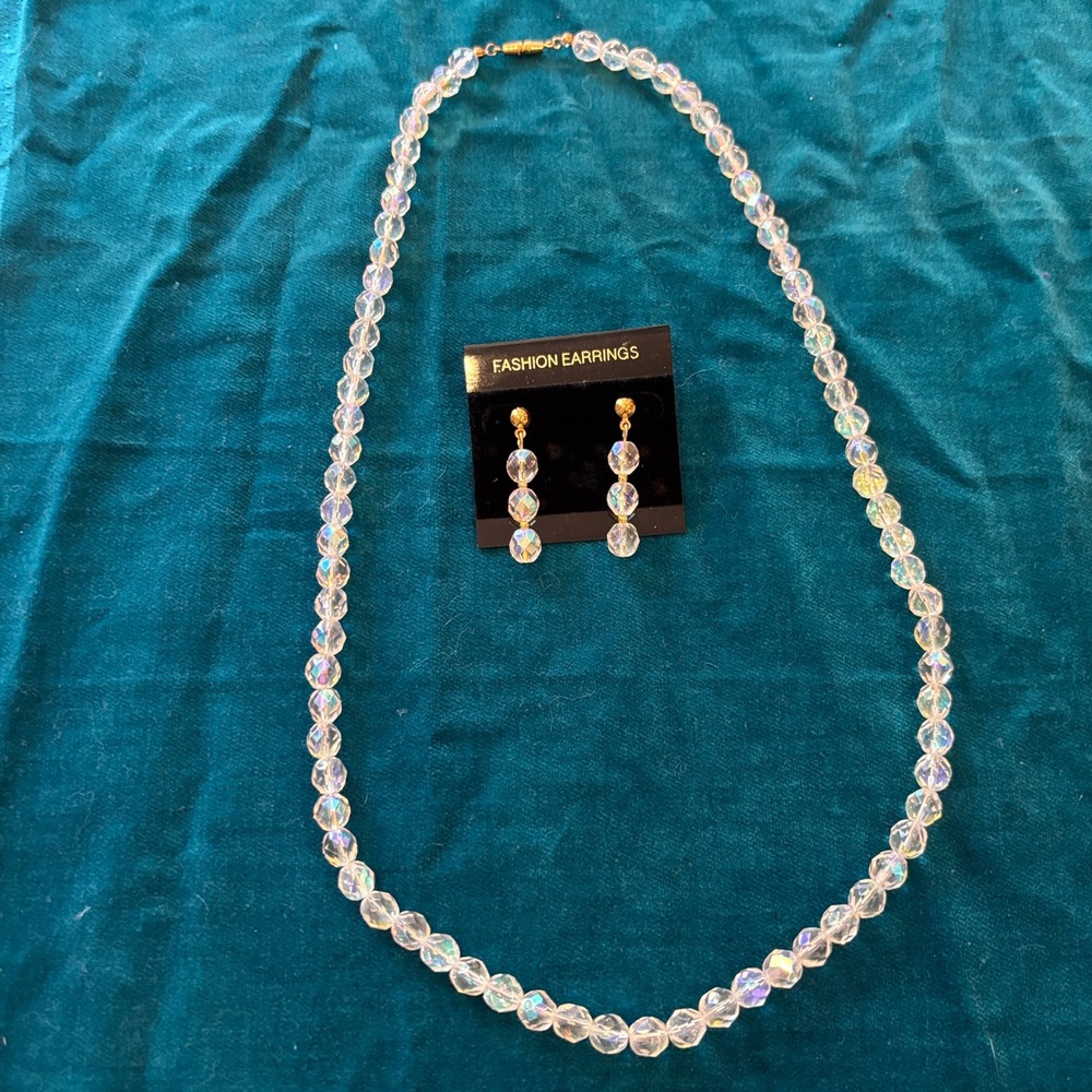 Vintage Aurora Borealis Iridescent Faceted Bead Necklace and Earring Set